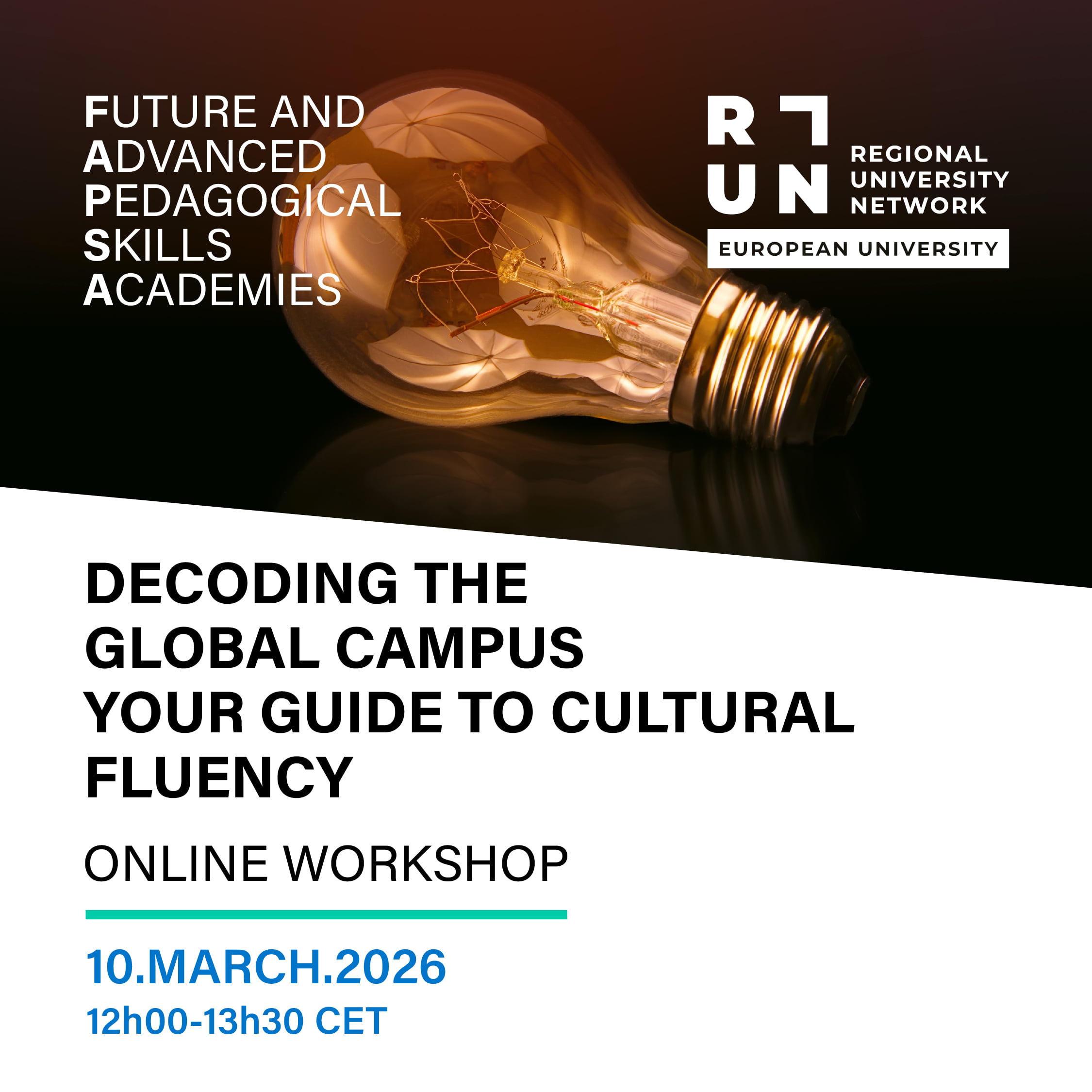 FAPSA Workshop 'Decoding Global Campus' layout with FAPSA and RUN-EU logos and the photo of a bulb lamp.