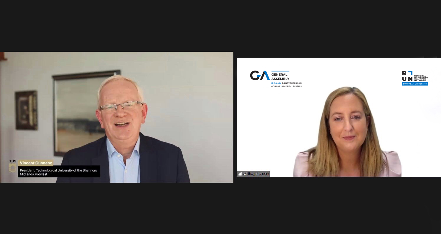 RUN-EU conference online call featuring the president of the Technological University of the Shannon: Midlands Midwest (TUS), Vincent Cunnane, and the TUS lecturer and researcher, Aisling Keenan.