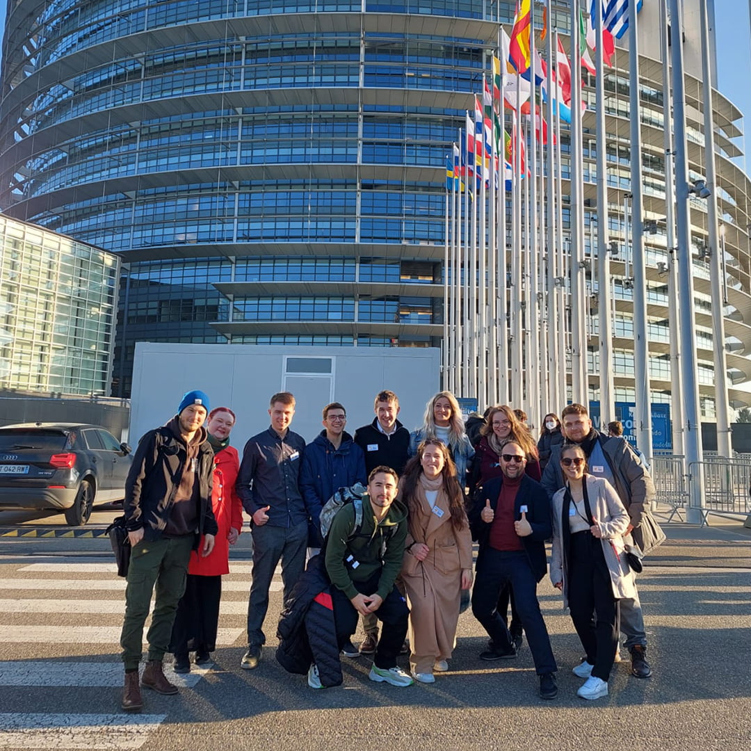 Group photo of students from RUN-EU at the European Parliament in Strasbourg.